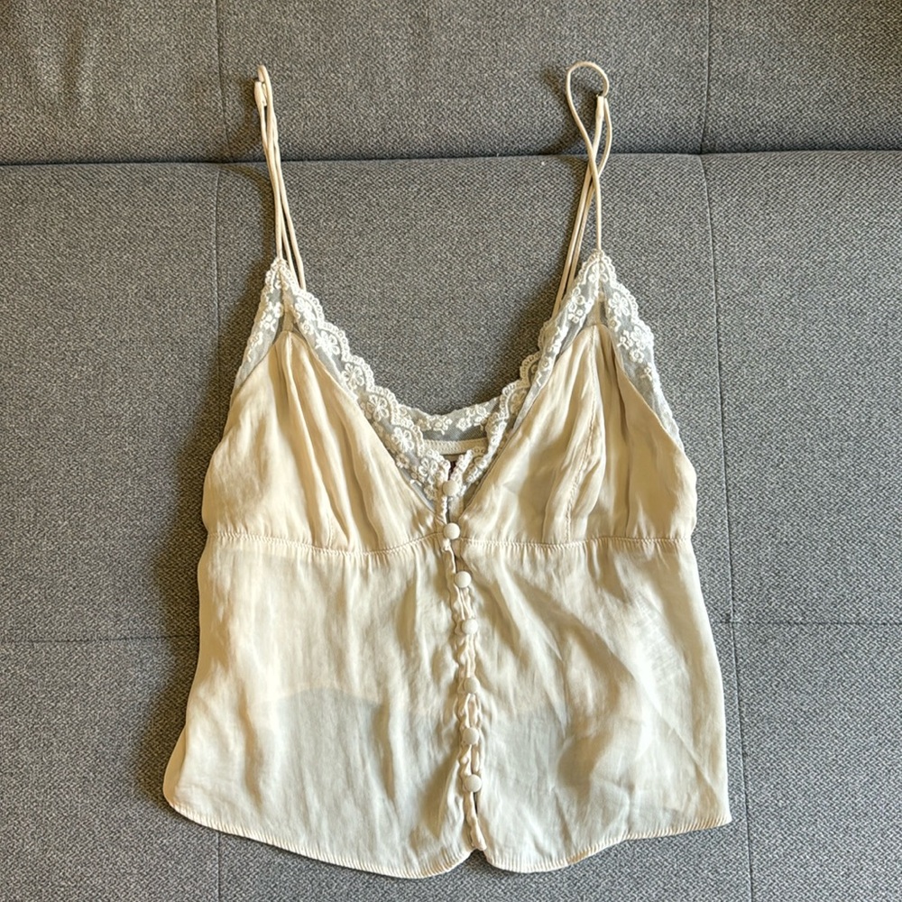 Urban outfitters tan spaghetti strap button up lace swing sheer tank top M